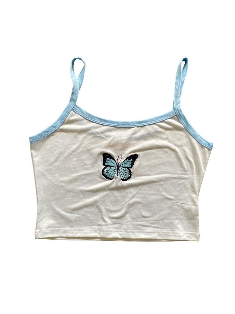 2/$10 Romwe White with Embroidered Butterfly Cropped Tank size Small